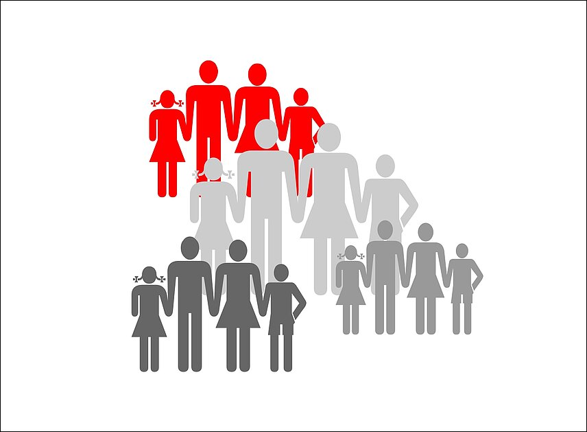 Symbolgrafik mit Piktogrammen von Menschengruppen in rot und grau