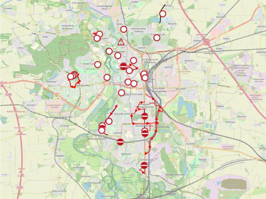 Auf einer Stadtkarte werden Baustellen und Verkehrsbehinderungen grafisch angezeigt