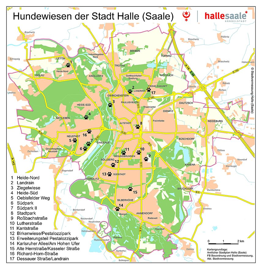 Übersichtskarte von Halle (Saale), Kennzeichnung von 15 Standorten für Hundewiesen