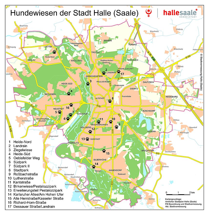 Übersichtskarte von Halle (Saale), Kennzeichnung von 15 Standorten für Hundewiesen