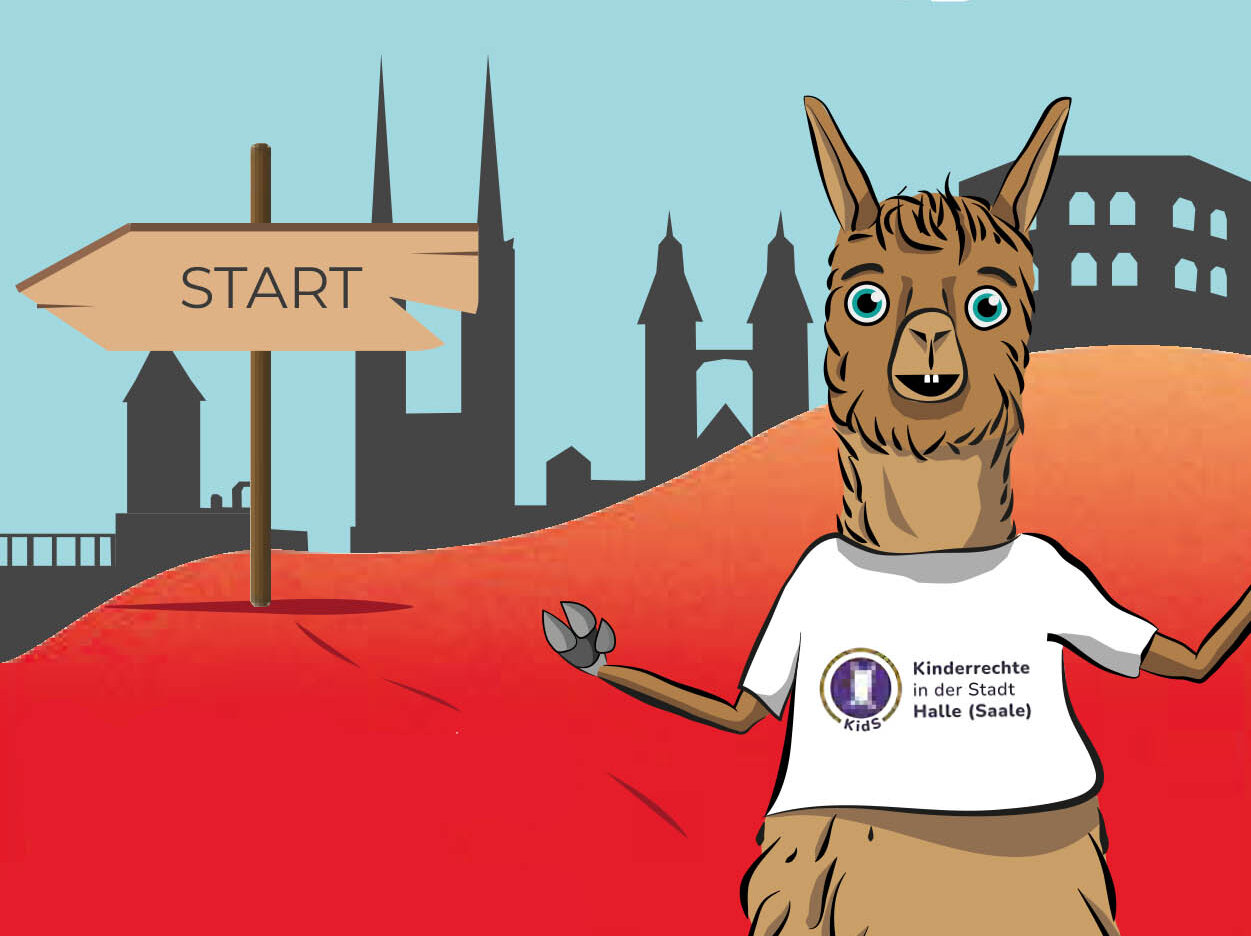 NiLama - Maskottchen des Kinder- und Jugendrates vor Stadtsilhouette und Startpfeil