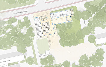 Campus Neustadt - Grundriss Obergeschoss, Lageplan in der Umgebung