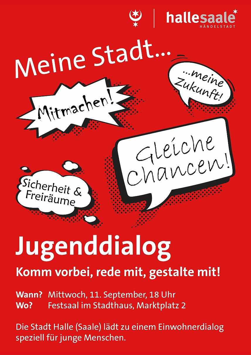 Werbeplakat zum Jugenddialog mit Sprechblasen und Hinweisen auf Zeit und Ort der Veranstaltung