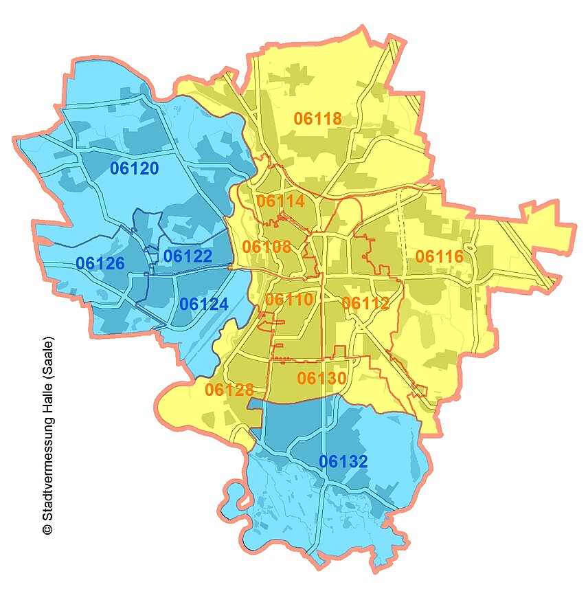 Landkarte mit Postleitzahlen der Stadt Halle (Saale) aufgeteilt in einen gelben und blauen Kartenbereich.