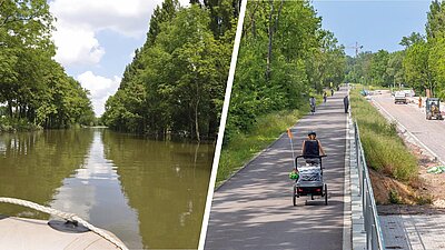 Gimritzer Damm: links überflutet, reichts mit nueer Hochwasserschutzanlage