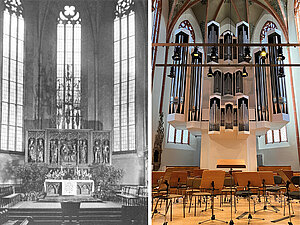 Ostchor mit Blick auf den spätgotischen Flügelaltar mit filigranem „Gesprenge“ – insgesamt mehr als neun Meter hoch – und das Bronzeguss-Taufbecken (1430). Beides steht heute in der Wallonerkirche in Magdeburg. Die Sauer-Orgel mit 56 Registern und 4 531 Pfeifen wurde 1979/80 von der Orgelbaufirma Wilhelm Sauer aus Frankfurt (Oder) erbaut.