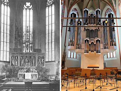Ostchor mit Blick auf den spätgotischen Flügelaltar mit filigranem „Gesprenge“ – insgesamt mehr als neun Meter hoch – und das Bronzeguss-Taufbecken (1430). Beides steht heute in der Wallonerkirche in Magdeburg. Die Sauer-Orgel mit 56 Registern und 4 531 Pfeifen wurde 1979/80 von der Orgelbaufirma Wilhelm Sauer aus Frankfurt (Oder) erbaut.