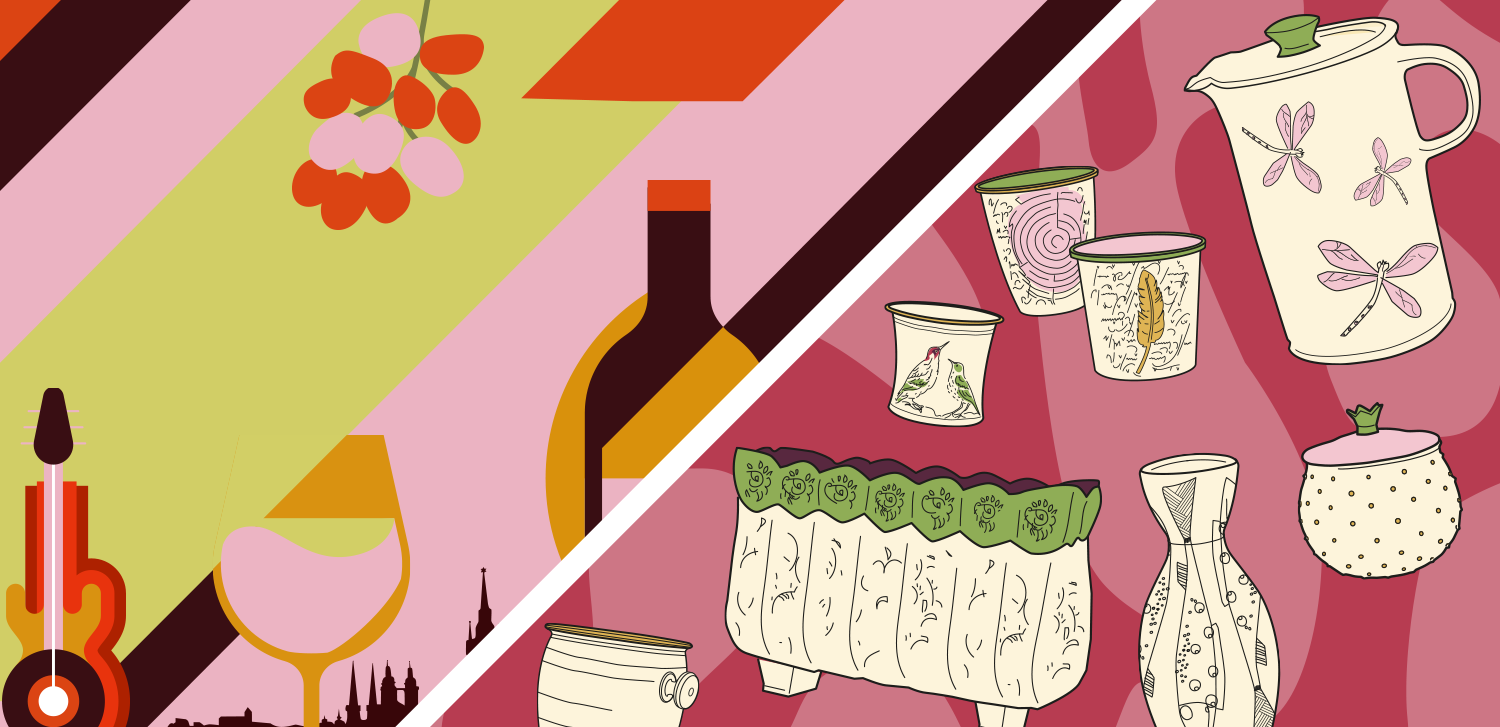 links Grafik mit Weinflasche und Weinglas für Weinfest, rechts Grafik verschiedener keramischer Gefäße