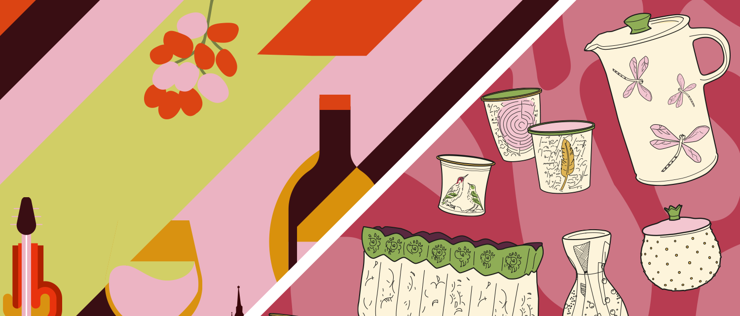 links Grafik mit Weinflasche und Weinglas für Weinfest, rechts Grafik verschiedener keramischer Gefäße