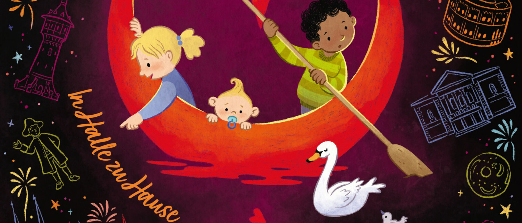 Cover des Wimmelbuches „Saale, Salz und Sternchen“ mit drei Kindern in einem Boot auf der Saale und halleschen Wahrzeichen.