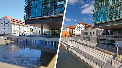 Multimediazentrum an der Saale: Links überflutet, rechts saniert