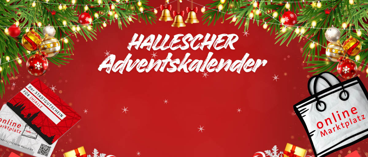 Hallescher Adventskalender - Onlinemarktplatz Halle, Stadtgutschein und weihnachtliche Motive auf rotem Untergrund