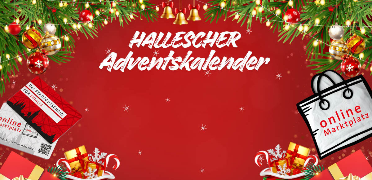 Hallescher Adventskalender - Onlinemarktplatz Halle, Stadtgutschein und weihnachtliche Motive auf rotem Untergrund