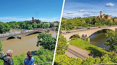 Burg Giebichenstein: links 2013 mit überflutetem Saaleufer, rechts mit erneuerter Fahrbahn, Rad und Fußweg