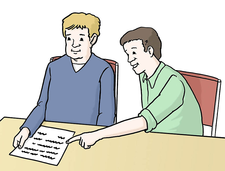Assistenz erklären: ein Mann erklärt einem anderen Mann, was in einem Schreiben steht