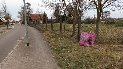 Drei befüllte Müllsäcke stehen gesammelt an einem Grundstückszaun.