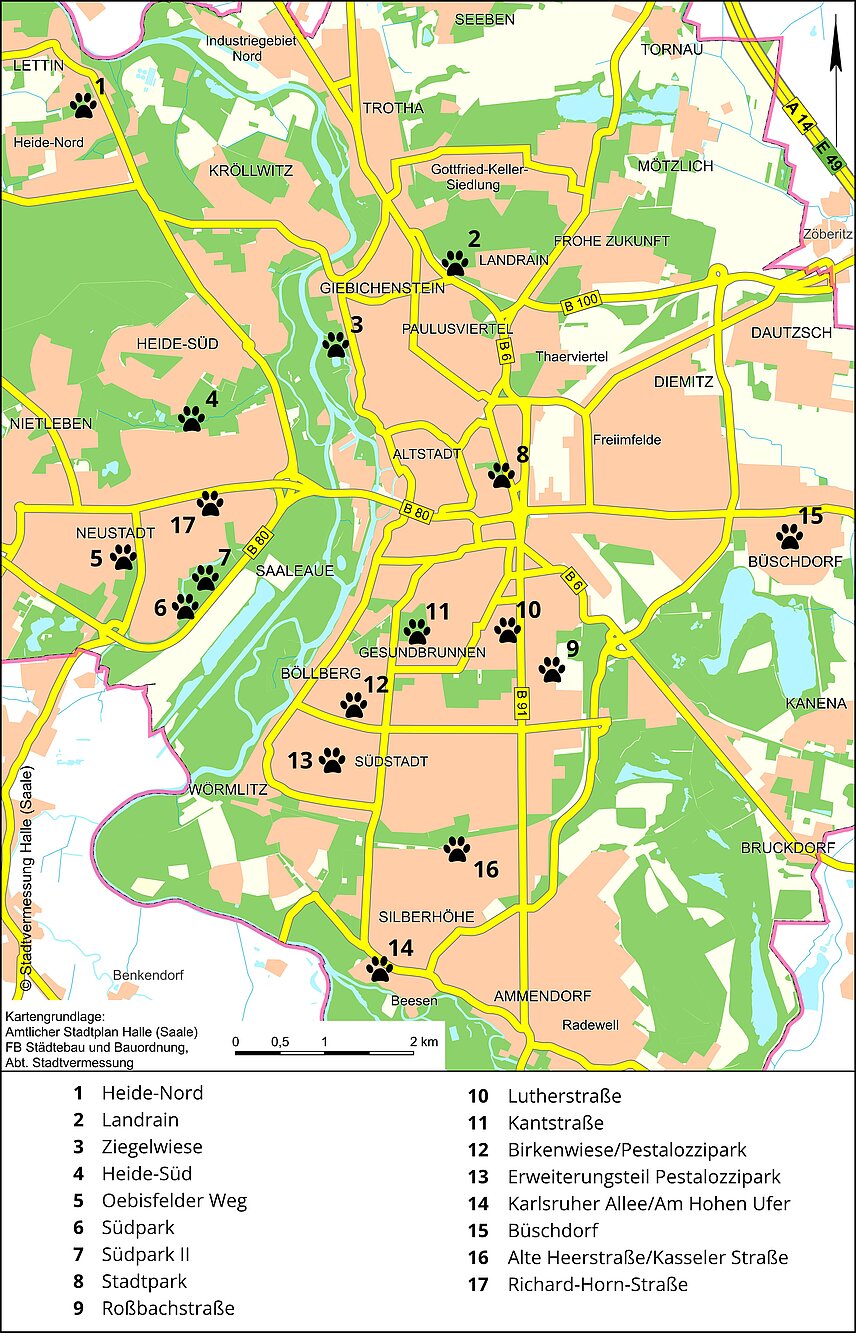 Übersichtskarte von Halle (Saale), Kennzeichnung von 15 Standorten für Hundewiesen