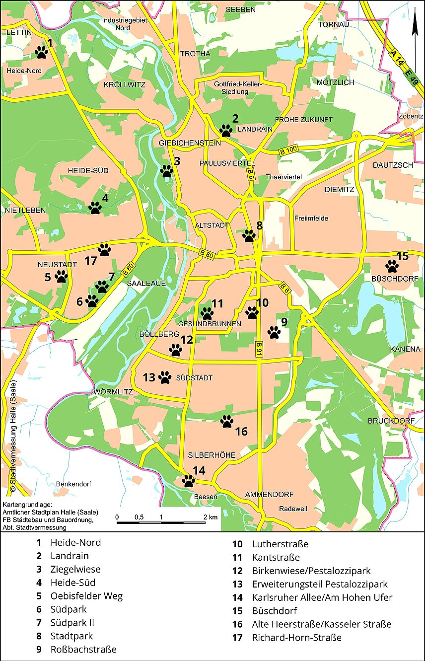 Übersichtskarte von Halle (Saale), Kennzeichnung von 15 Standorten für Hundewiesen