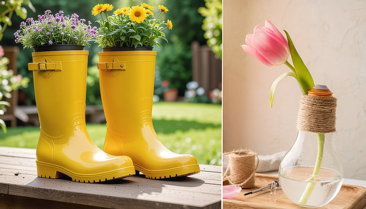 Beispiele für Upcycling: Gummistiefel werden zu Blumenübertöpfen, Metalldosen zu Stifthaltern und eine Glühbirne zu einer Vase