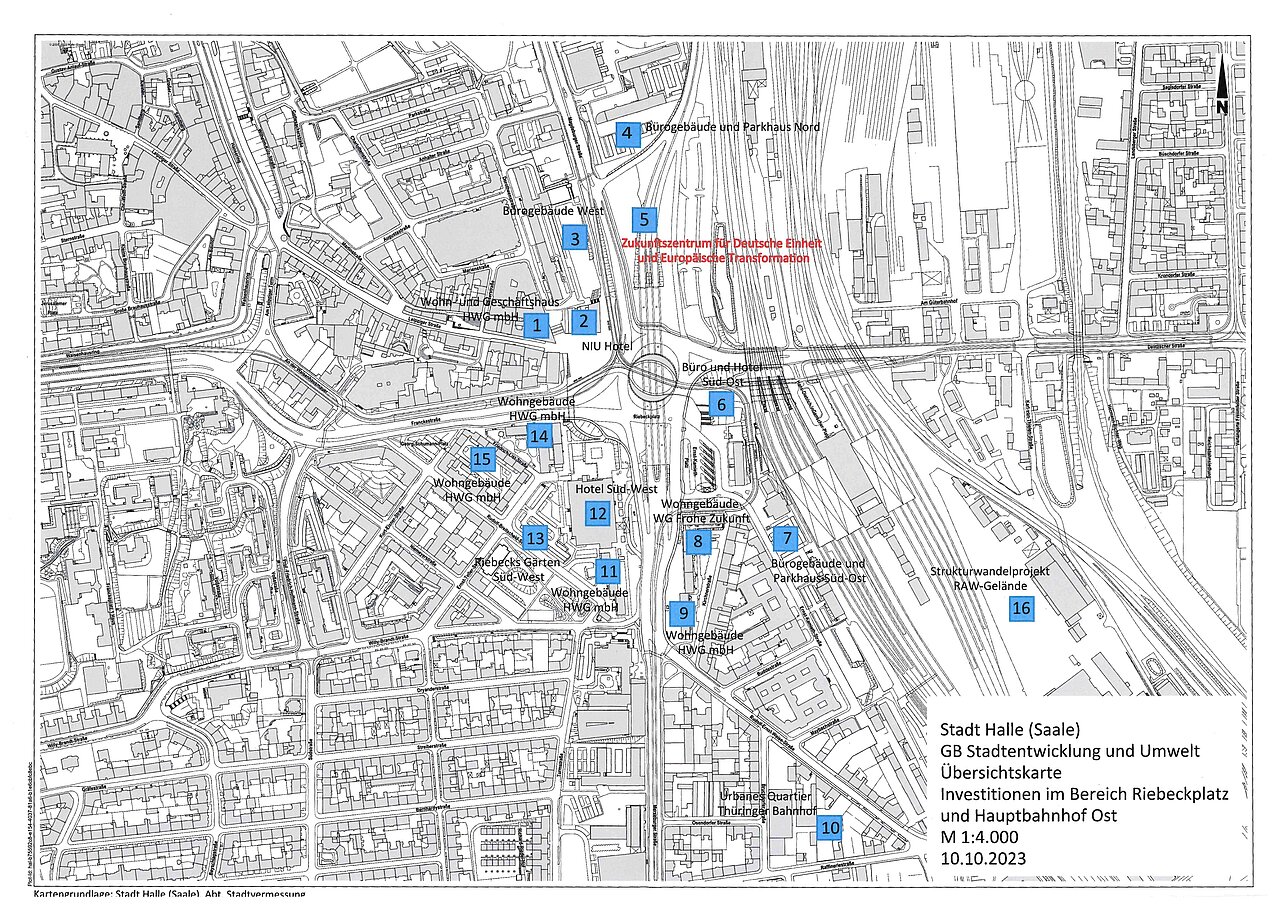 Eine Karte (Draufsicht) rund um den Riebeckplatz mit den blau markierten 16 Bauobjekten.