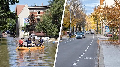Robert-Franz-Ring: links überflutet, rechts saniert