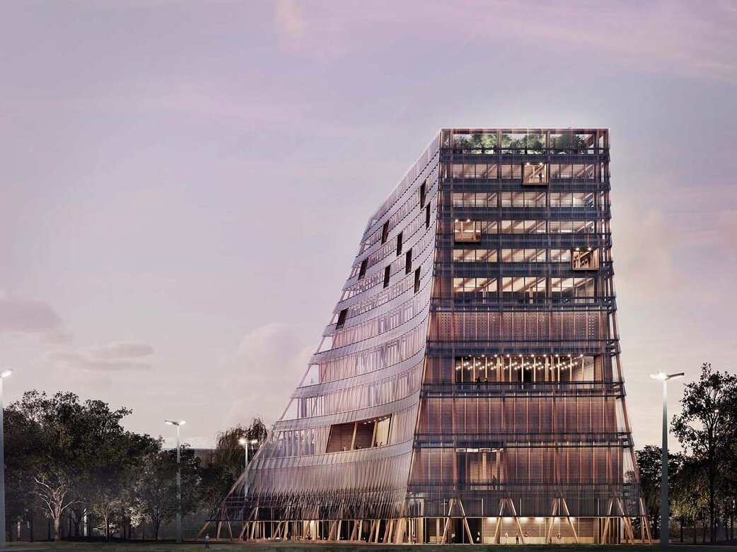 Das Bild zeigt die Außenperspektive des Sieger-Entwurfes für den Bau des Zukunftszentrums für Deutsche Einheit und Europäische Transformation in Halle (Saale)