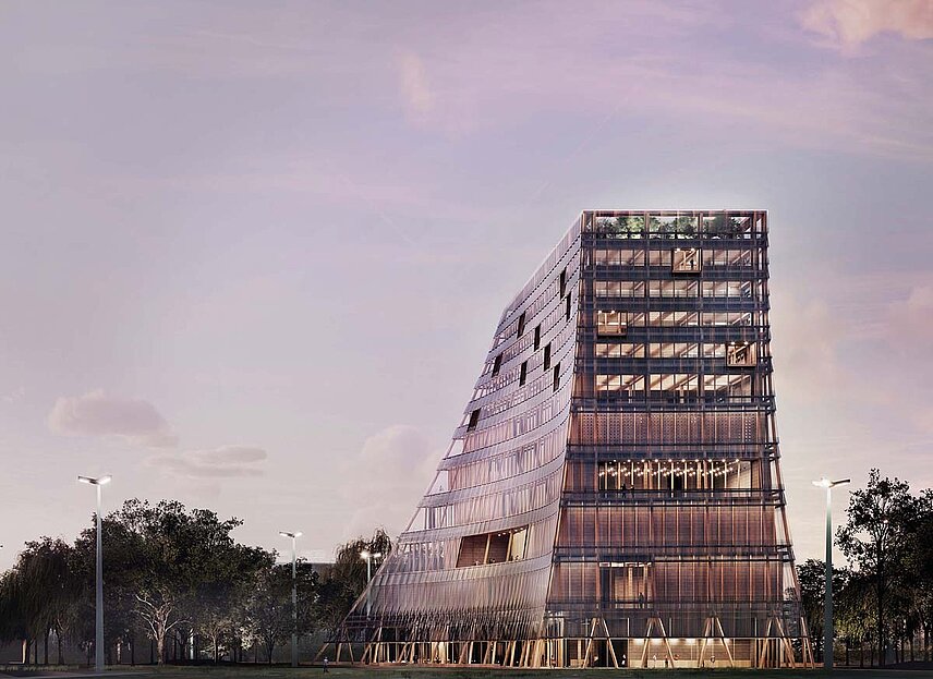 Das Bild zeigt die Außenperspektive des Sieger-Entwurfes für den Bau des Zukunftszentrums für Deutsche Einheit und Europäische Transformation in Halle (Saale)