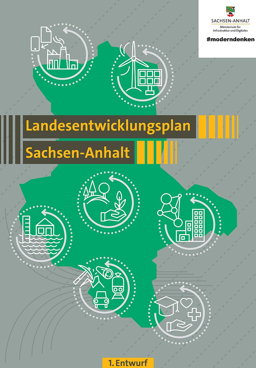 Karte Sachsen-Anhalt mit verschiedenen Signets und Aufschrift Landesentwicklungsplan Sachsen-Anhalt, 1. Entwurf