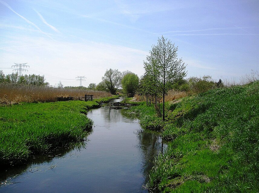 kleiner Fluss schlängelt sich durch Ackerflächen hindurch, blauer Himmel mit Wolken im Hintergrund