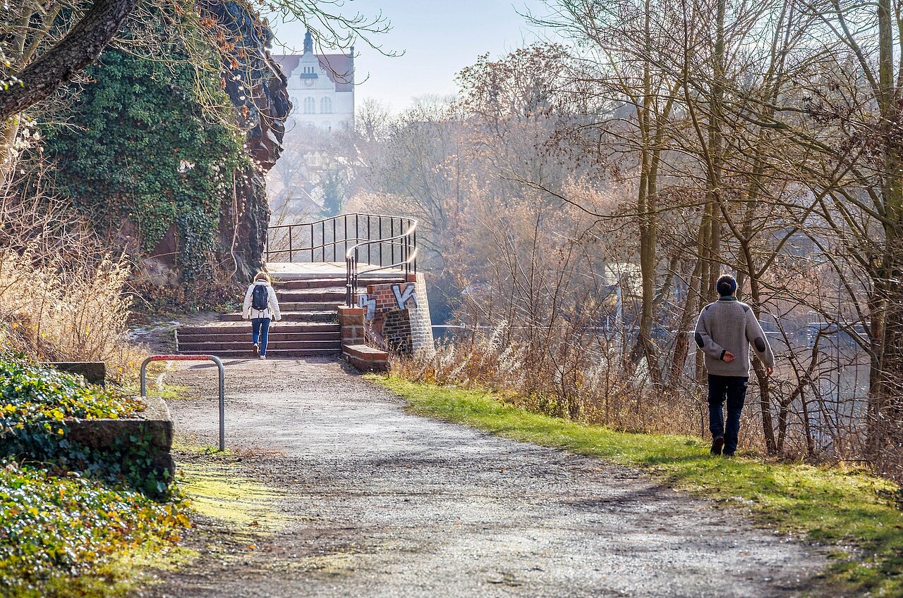 Blick auf den Weg und den Treppenaufgang zu den Klausbergen. Links Felsen. Im Hintergrund das Giebichenstein-Gymnasium zu erkennen. 